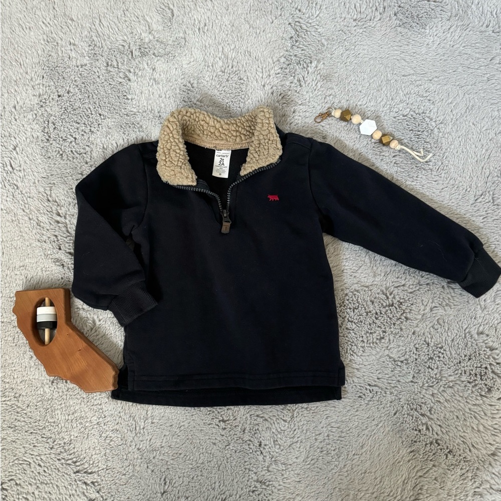 Carters Black Quarter Zip Sweater with Faux fur & Red Bear size 2T